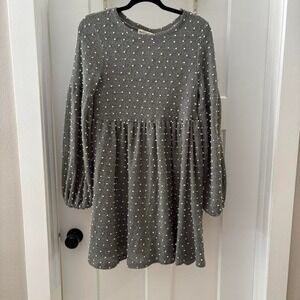 New In Boutique Small Green and white polka dot mini long puff sleeve mini dress